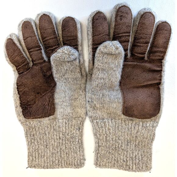 Vtg Wool Blend Winter Gloves Leather Palm Mens Medium Large Tan Brown - Picture 4 of 10